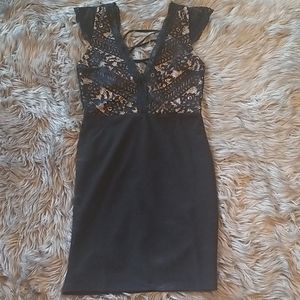 Sexy black low V neck mini dress